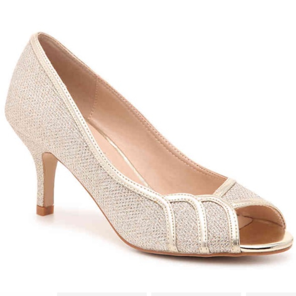 Peep toe, sparkling champagne glitter mesh heel.